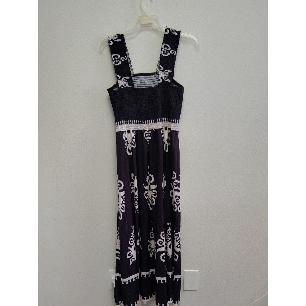 Black & White Patterned Maxi Dress with Smocked Bodice
